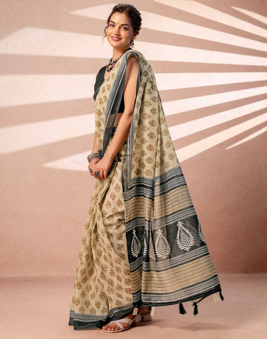 Soft Cotton Designer Saree in Cream