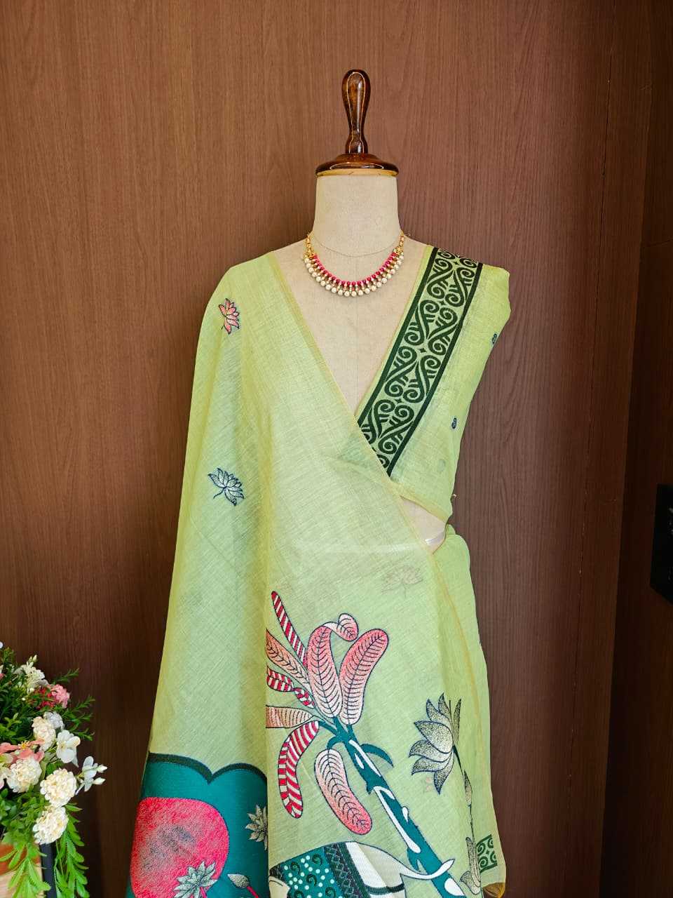 Soft Cotton Designer Saree in Mint Green