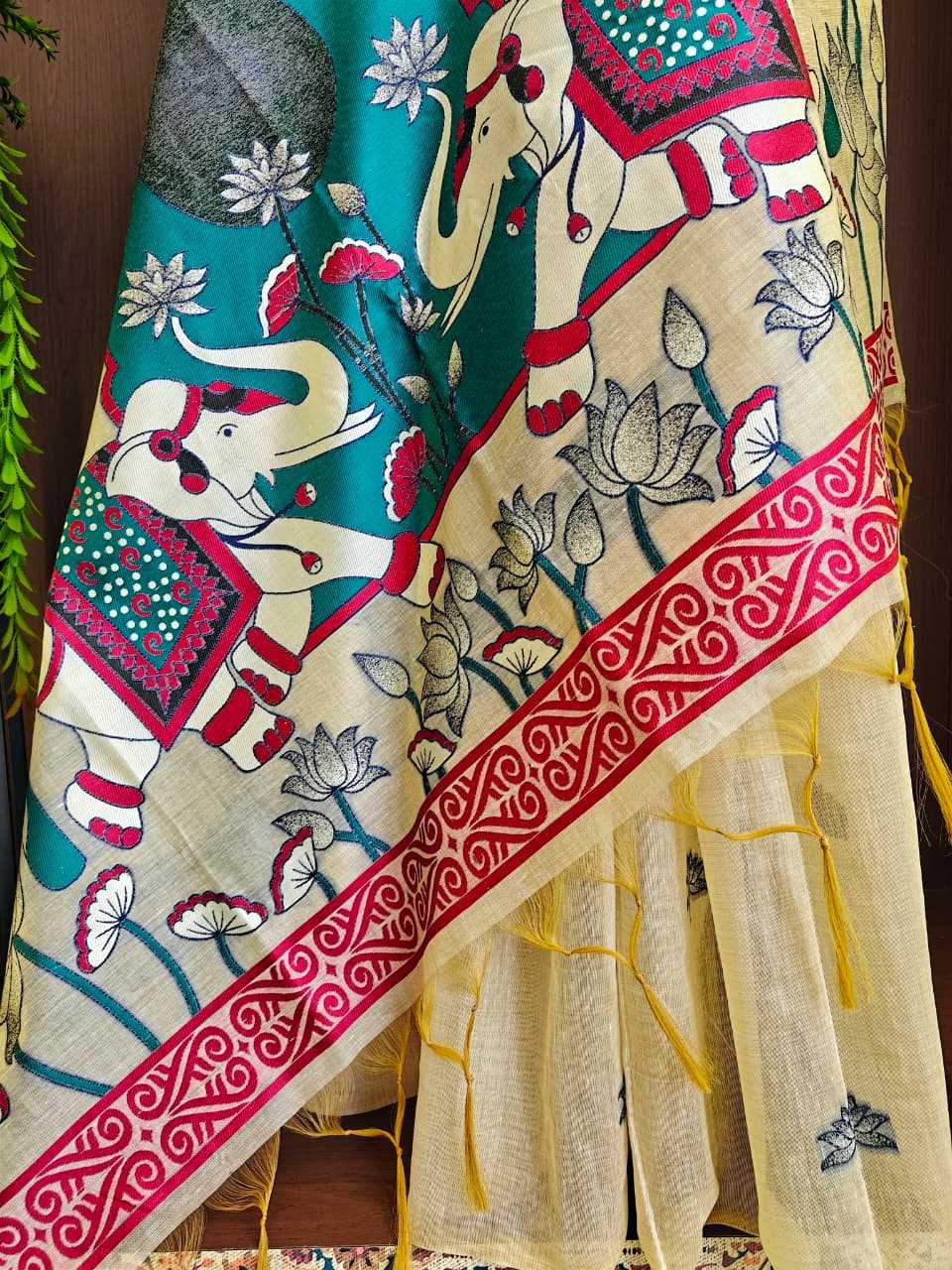 Soft Cotton Designer Saree in Mint Green