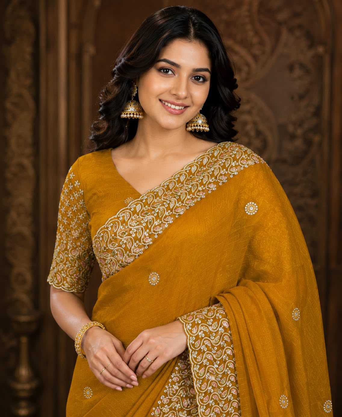Soft Gold Crush Designer Saree in Maroon
