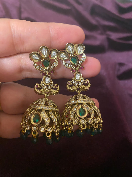 CZ Green Crystal Beads Bronze finish AD Jhumki