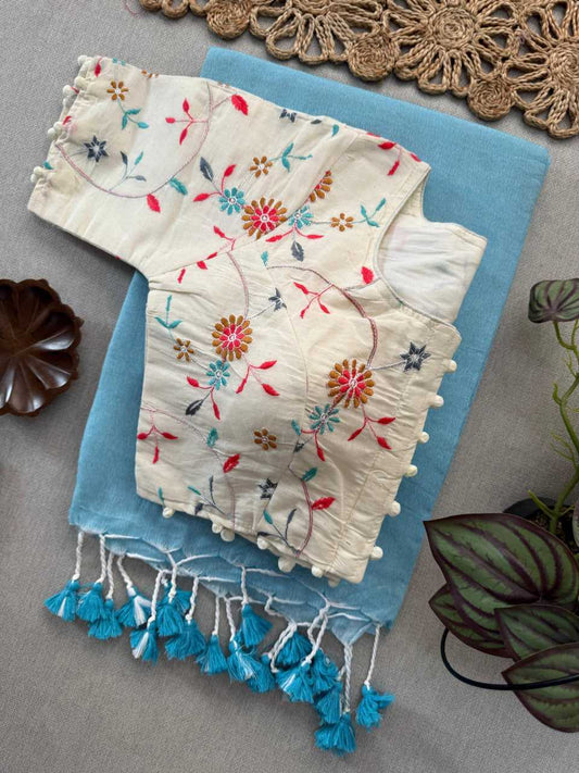 Plain Cotton Saree With Ready Blouse