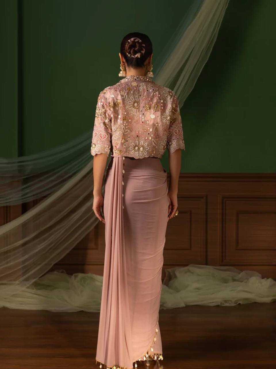 Ready To Wear Party Saree with Jacket| Crape silk Fancy Embroidered Sari |1 min saree