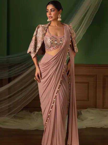 Ready To Wear Party Saree with Jacket| Crape silk Fancy Embroidered Sari |1 min saree
