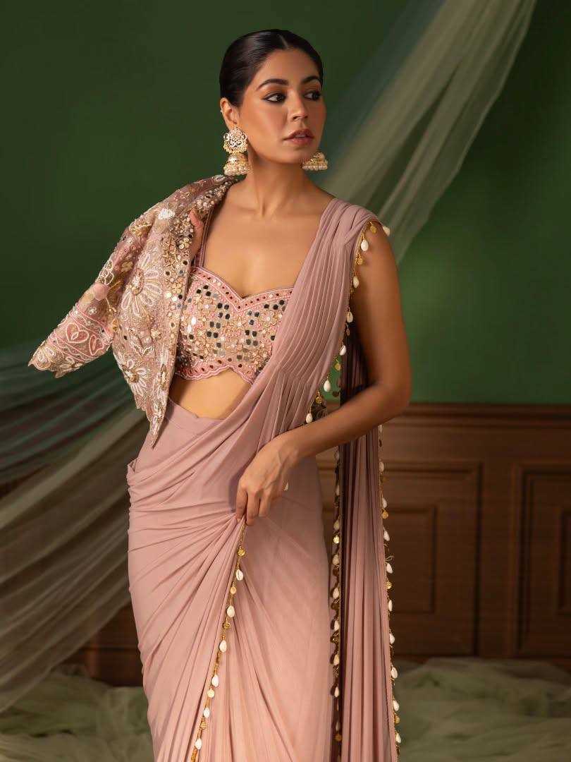Ready To Wear Party Saree with Jacket| Crape silk Fancy Embroidered Sari |1 min saree