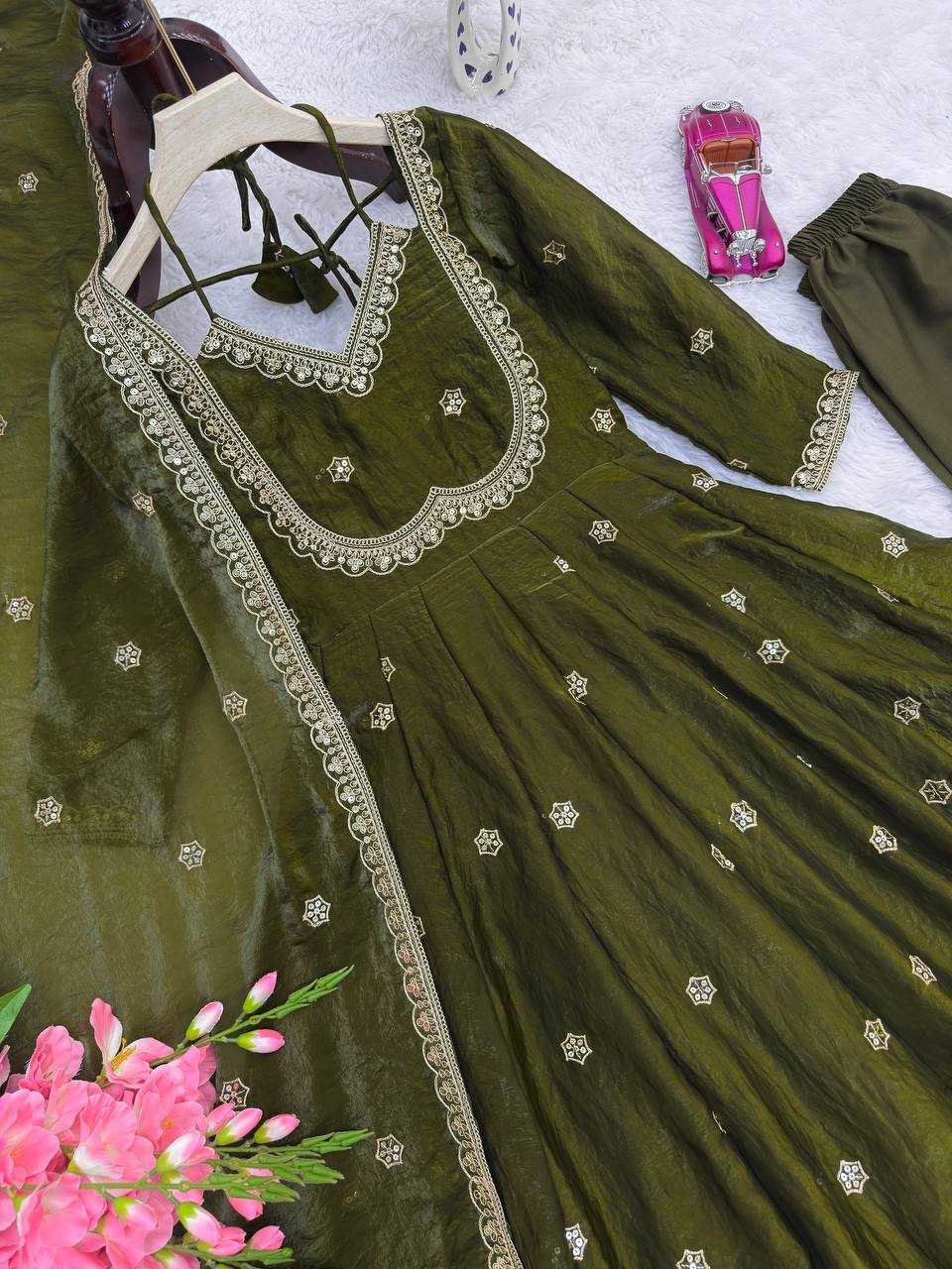 Embroidered Silk Gown With Dupatta and Pant