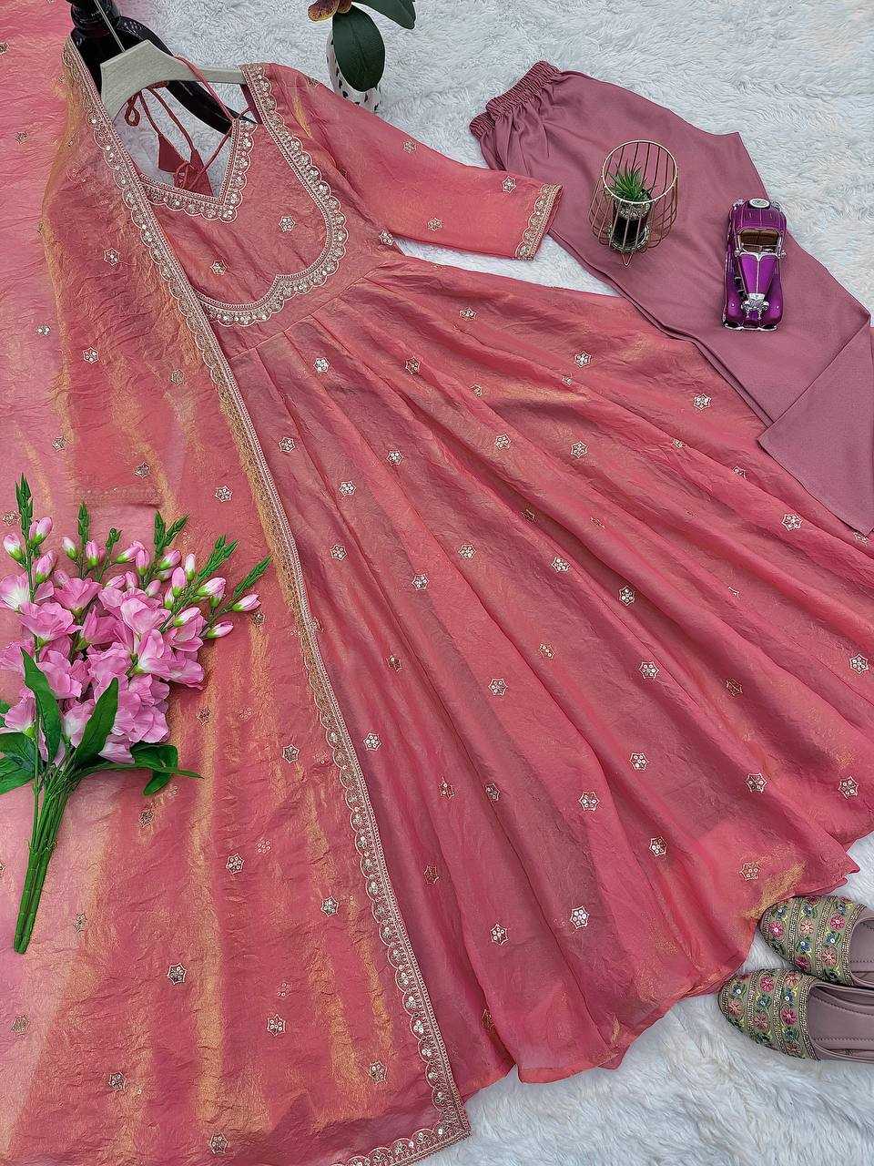 Embroidered Silk Gown With Dupatta and Pant