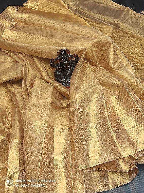 Golden Tissue Silk Saree| Kanchi Border Copper Tissue Silk Gold Saree |Running Blouse
